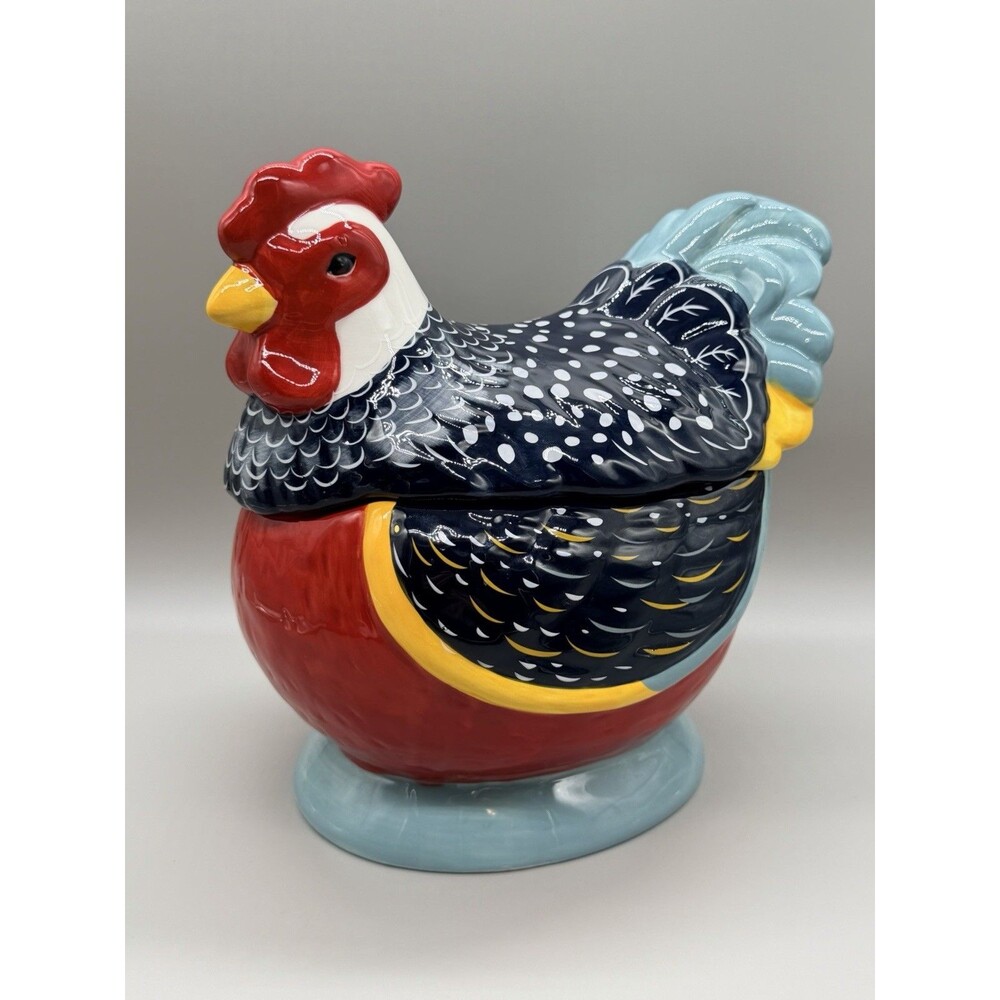 Market Square Ceramic Chicken Cookie Jar Hen Rooster Polka Dot Folk Art Canister